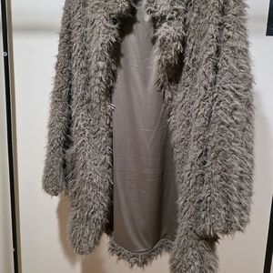 HYFVE Faux Shaggy Open-Front Coatigan in Taupe